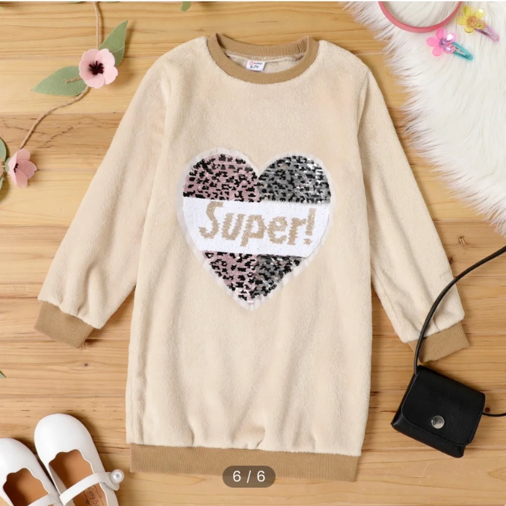 Kid Girl Flip Sequin Letter Heart Pattern Pink Sweatshirt Dress